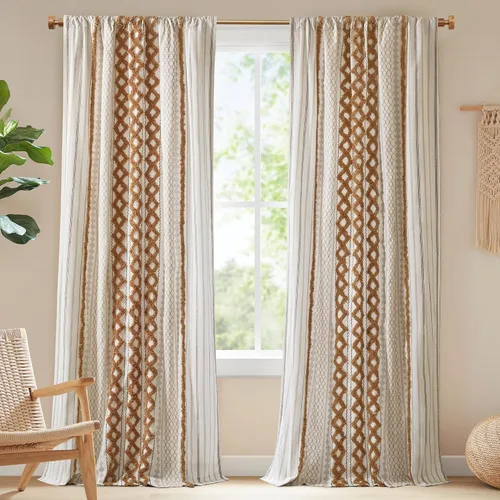 Vista 16 de INK+IVY Cortinas Boho para Dormitorio PANEL ÚNICO Cortinas de Ventana para Sala de Estar, 100% Algodón con Rayas de Chenilla Copetuda Estilo Granja