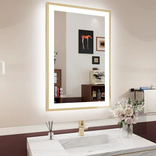 Vista 36 de Espejo de baño LED de 24x28 pulgadas con marco negro, espejos de baño retroiluminados y con luz frontal para pared, antiempañamiento, regulable