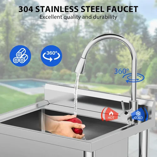 Vista 4 de Fregadero de cocina de acero inoxidable, fregadero utilitario de 24 x 20 x 41 pulgadas con grifo extraíble, grifo de agua caliente y fría, cuenco