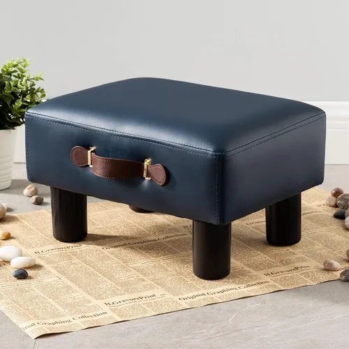 Vista 10 de Taburete de pie pequeño con asa, reposapiés corto de piel sintética negra, taburetes rectangulares de almacenamiento otomano con patas de plástico