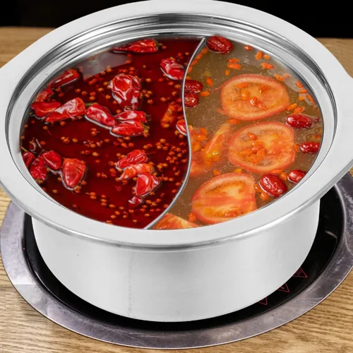 Vista 9 de ERINGOGO Olla caliente con divisor, olla antiadherente de acero inoxidable para Shabu Shabu, olla de sopa de doble cara, china para inducción