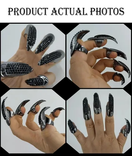 Vista 4 de Juego de 10 uñas falsas Bestga. Estilo gótico, punk, para fiesta de disfraces, con cristales y estrás pegados, uñas falsas en forma de anillo, 3