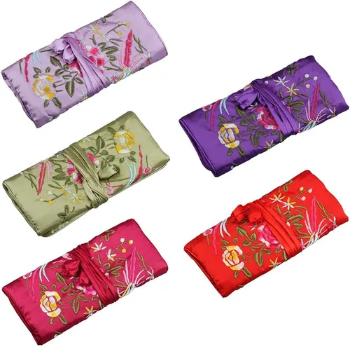Vista 7 de Bolsa organizadora de joyas de seda oriental, estuche de almacenamiento de viaje, color rosa intenso