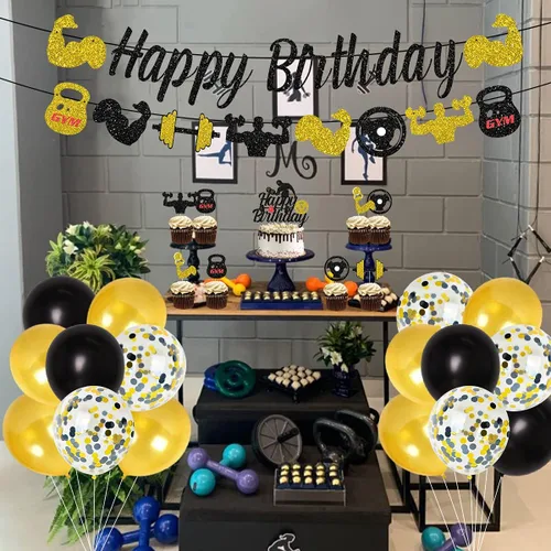 Vista 3 de Decoraciones de fiesta de cumpleaños para gimnasio, decoraciones de fiesta temática de fitness negro y dorado para hombres, suministros de fiesta
