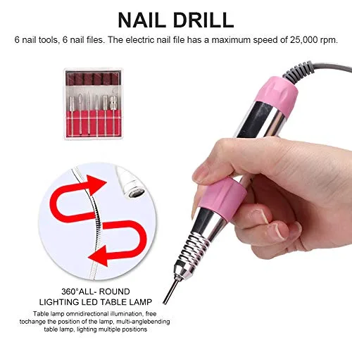 Vista 2 de Colector de polvo de uñas 5 en 1 con taladro, máquina eléctrica multifuncional para taladro de uñas con colector de polvo, lámpara de escritorio