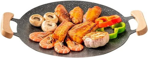 Vista 9 de Sartén coreana con revestimiento antiadherente, sartén redonda de hierro fundido de 10 pulgadas con 2 soportes de madera, compatible con inducción