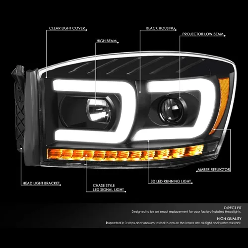Vista 24 de DNA MOTORING HL-HPL-RM06-G-CH-AM LED U-Bar DRL Faros de señal de giro perseguidores compatibles con Dodge Ram 1500 06-08/Dodge Ram 2500 3500 06-09