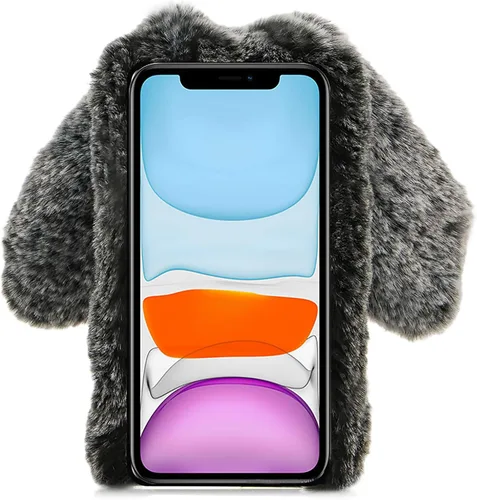 Vista 4 de LCHDA Funda de conejo para iPhone 13 Mini de 5.4 pulgadas, lindas orejas de conejo 3D, bola de pelo suave y peluda, cálida, de piel sintética