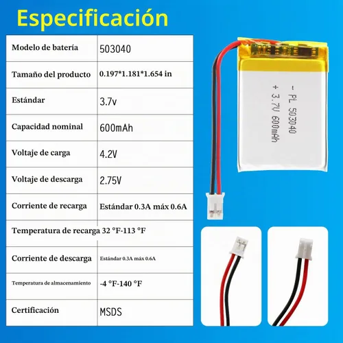 Vista 4 de 503040 3.7V Lipo Batería 600mAh Batería recargable de polímero de litio con conector JST PH2.0.000 in para dispositivo electrónico