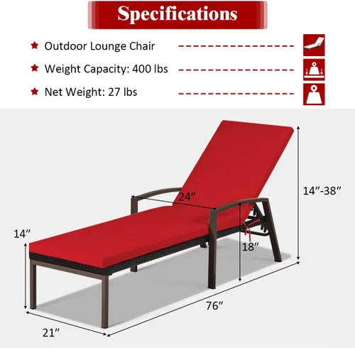 Vista 5 de RELAX4LIFE Tumbona para exteriores, silla de piscina de ratán ajustable de 5 posiciones con cojín, silla reclinable, marco de metal, tumbona de Rojo