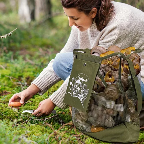 Vista 5 de Seajan Kit de Forraje de Setas de 18 Piezas con Bolsa de Caza, Cuchillo, Cepillo, Tarjetas Guía y Cuaderno para Amantes de las Setas (Verde Ejército)