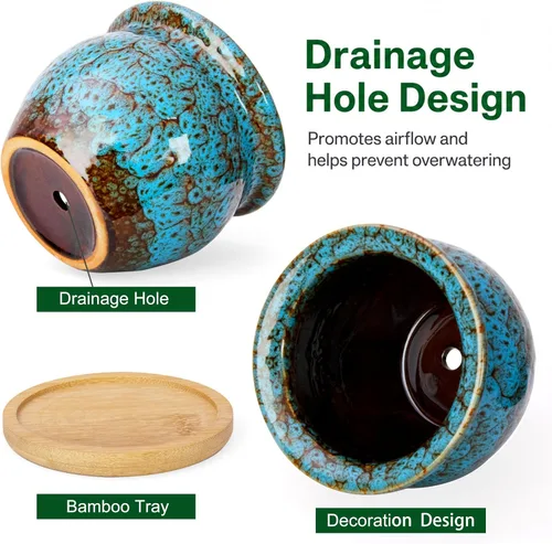 Vista 3 de ARTKETTY Macetas, macetas de cerámica de 4.5 pulgadas para plantas con drenaje, macetas pequeñas Azul