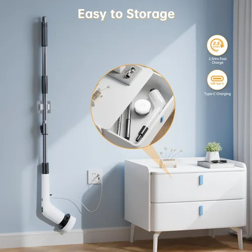 Vista 7 de PUFTEM Cepillo Eléctrico Giratorio, Limpiador de Ducha Inalámbrico con 8 Cepillos de Fregar, 2 Velocidades con Mango de Extensión Ajustable