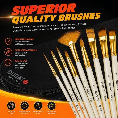 Vista 5 de DUGATO Juego de 15 pinceles para pintura artística con estuche emergente, cuchillo de paleta y esponjas, pelo de nailon para pintura acrílica, óleo