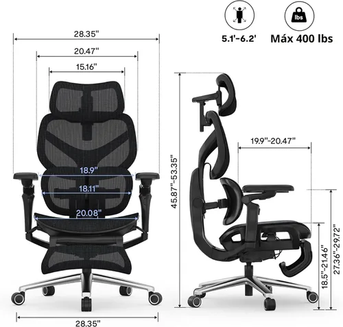 Vista 17 de FlexiSpot Sentinel-Pro - Silla ergonómica para juegos con reposabrazos 7D de doble ala adaptable lumbar 7D 145° 4 posiciones, respaldo ajustable