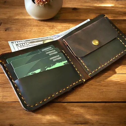 Vista 2 de Cartera de cuero hecha a mano, billetera plegable, billetera plegable de cuero con tarjetero, billetera plegable de cuero para hombre, billetera