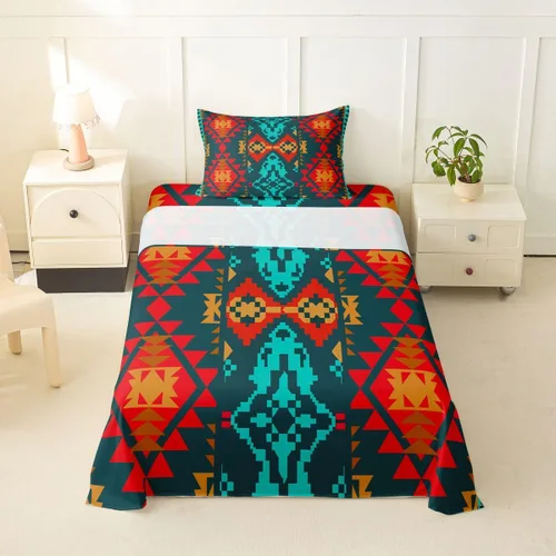 Vista 44 de Juego de sábanas occidentales tamaño individual, sábana bajera azteca, estilo nórdico exótico, bohemio, diseño de tribu india, geometría étnica