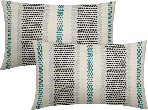 Vista 68 de Juego de 2 fundas de almohada negras y azules con rayas de puntos grises, decorativas para exteriores, estilo boho rústico, para sofá, cama, cojín