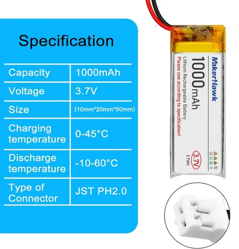 Vista 2 de MakerHawk Paquete de 4 baterías LiPo de 3.7 V 1000 mAh recargables 1S 102050 baterías de polímero de litio con placa de protección dual, conector