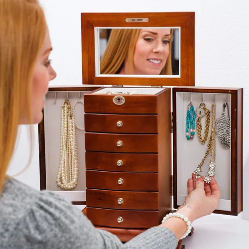 Vista 7 de Rowling Joyero grande de madera, aretes, collar, pulseras, organizador de 6 cajones M10 (marrón)