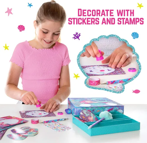 Vista 5 de GirlZone Juego de papelería de sirena, 45 piezas, papel blanco, juego de escritura de sirena y kit de escritura de letras para niños