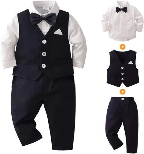 Vista 45 de IDOPIP Trajes de otoño e invierno para niños pequeños, camisa de manga larga con corbatín + chaleco + pantalones largos, overoles