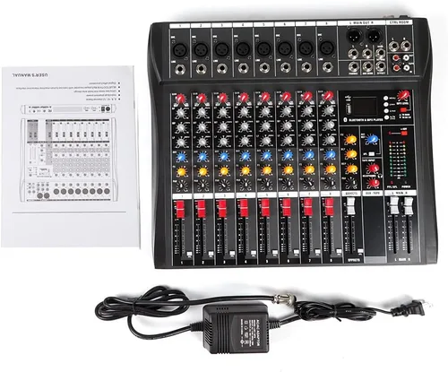 Vista 8 de Mezclador profesional de 8 canales, interfaz de consola digital USB MP3 Phantom Power estéreo DJ Studio FX Chasis de acero, mezclador de audio USB