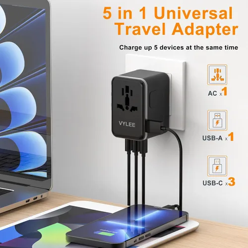 Vista 8 de Adaptador de Viaje Universal, VYLEE Adaptador de Enchufe Internacional de 45W con Carga Rápida PD, 5 Puertos (1 AC/1 USB-A/3 USB-C), Cargador