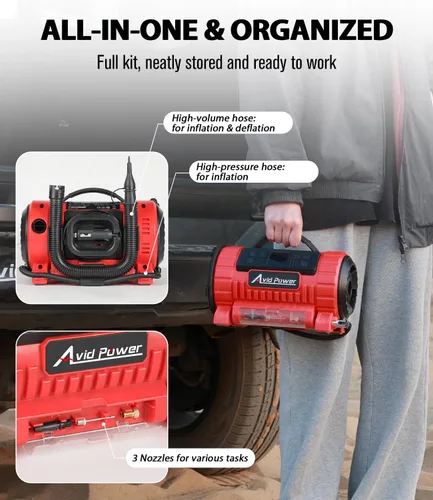 Vista 7 de AVID POWER Inflador de neumáticos, compresor de aire portátil, bomba de neumáticos de coche de 12 V CC/110 V CA con inflado y desinflado, 5 modos