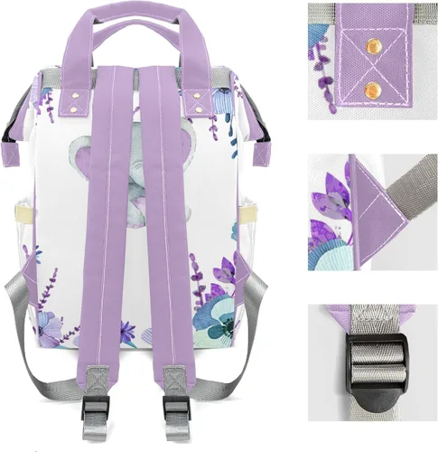 Vista 3 de Mochila de pañales de elefante verde azulado morado con nombre, bolsa multifunción de gran capacidad para mamá, papá, unisex, niño y niña, Diseño 1