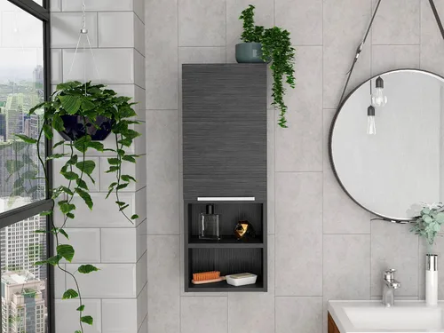 Vista 9 de Armario de pared para baño, botiquín montado en la pared, puerta única y estantes abiertos, sala de estar, baño, organizador de almacenamiento Negro
