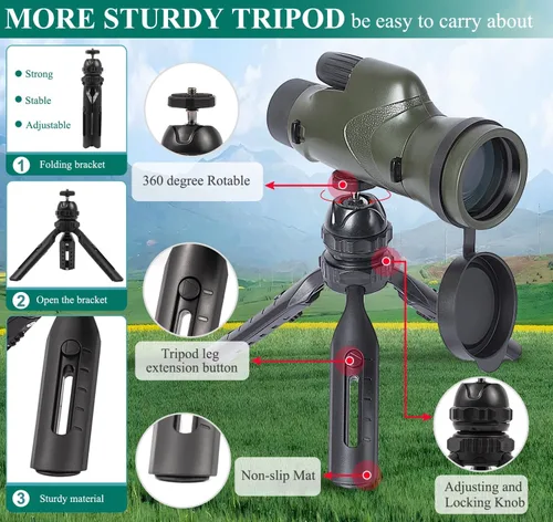 Vista 7 de Monoculares impermeables con relleno de nitrógeno HD 12x50 IPX7 con soporte para teléfono, trípode, correa de mano – Óptica BAK4 FMC, HD verde