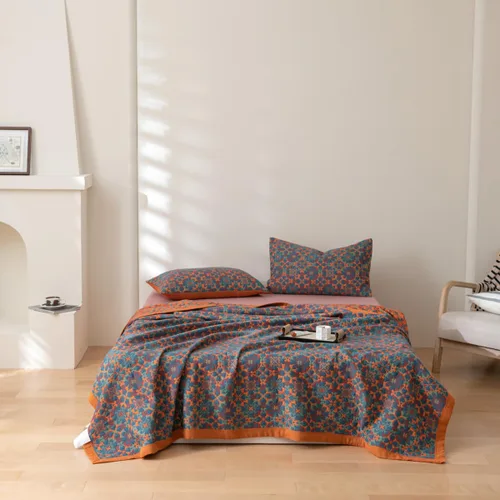 Vista 5 de Manta de 100% Algodón Muslin Jacquard con Estampado Floral Bohemio Mandala, Manta Suave para Cama 3 Capas Reversible Cubrecama Transpirable y Ligera