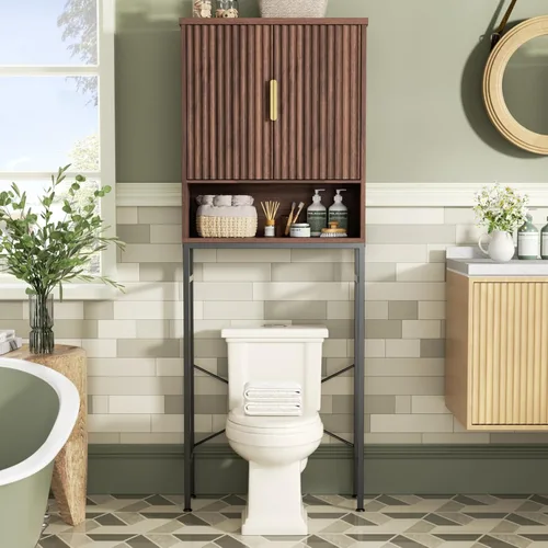 Vista 9 de Gabinete de almacenamiento sobre el inodoro con puertas estilo granja y estante ajustable, organizador de baño alto con soporte de metal que ahorra