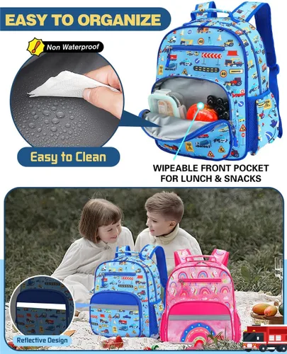 Vista 4 de VANKEV Mochila para niños y niñas, bonita mochila ligera para preescolar, jardín de infantes, primaria, escuela primaria, Carros azules, 7L