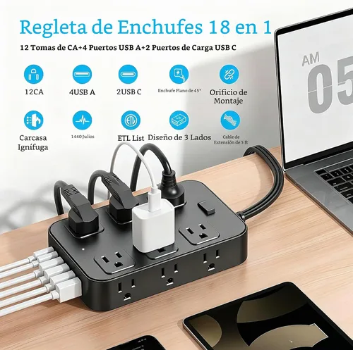 Vista 2 de Tira de alimentación con enchufe plano, protector de sobretensiones, cable de extensión de 5 pies con 12 tomas de corriente alterna, 6 puertos USB
