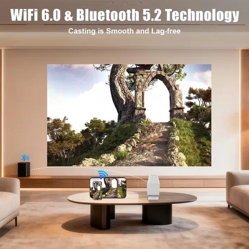 Vista 4 de Mini proyector con WiFi y Bluetooth, proyector inteligente compatible con 1080P con aplicaciones integradas, proyector de películas para exteriores
