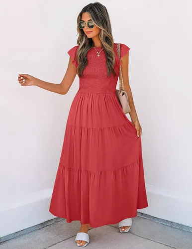 Vista 6 de ZESICA - Vestido por debajo de la rodilla para mujer, diseño informal y escalonado de manga corta, con cuello redondo y cintura elástica fruncida