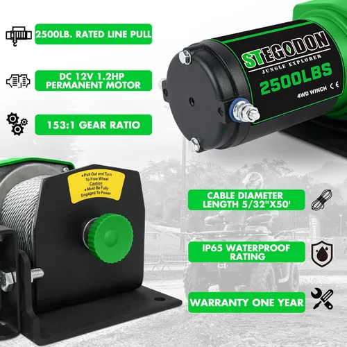 Vista 4 de Cabrestante eléctrico ATV/UTV de 2500 libras, cabrestante de cable de acero impermeable de 12 V, cabrestante eléctrico con control remoto con cable