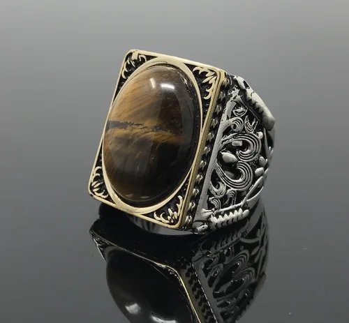 Vista 4 de KAR Anillo grande de plata de ley 925K con sello de ojo de tigre I1P