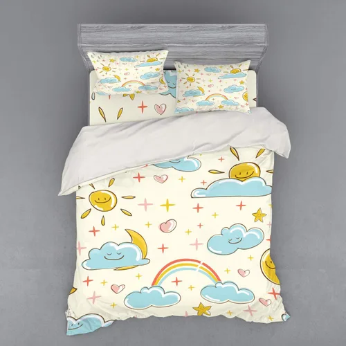 Vista 10 de Lunarable Juego de ropa de cama de dibujos animados, estampado de sol, nube, arco iris, luna, lluvia, clima, juego de funda de edredón de 3 piezas