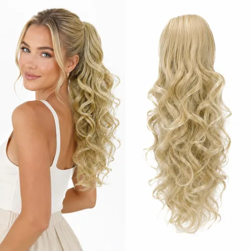 Vista 29 de CAISHA Extensiones de cola de caballo de 18 pulgadas, voluminosas, onduladas, marrón ceniza, mezcla de rubio claro PH35