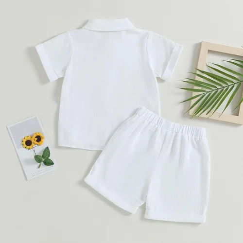 Vista 2 de AEEMCEM Conjunto de 2 piezas de camisa y pantalones cortos de algodón de lino de algodón de color liso para niños pequeños