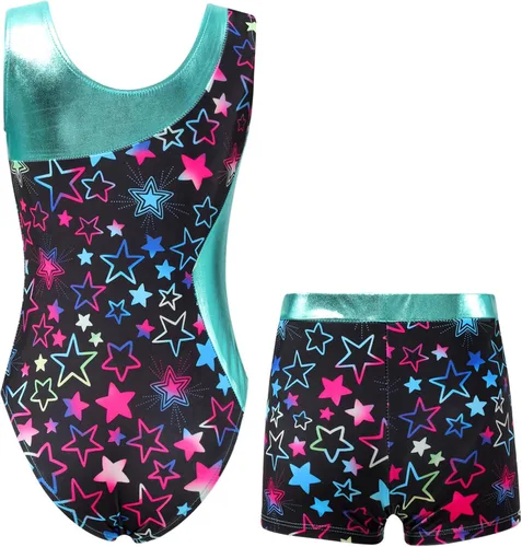 Vista 2 de Yartina Leotardo de gimnasia estampado para niñas, traje de baño de 2 piezas con pantalones cortos