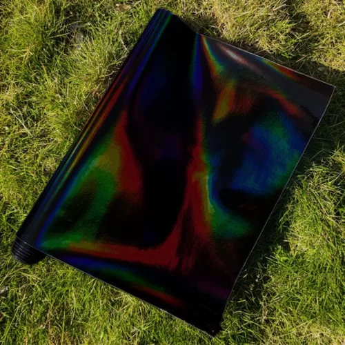 Vista 4 de 11.8"x53" Tela de cuero sintético holográfica, vinilo reflectante de espejo para lazos para el cabello, bolsas, manualidades de costura (Negro)