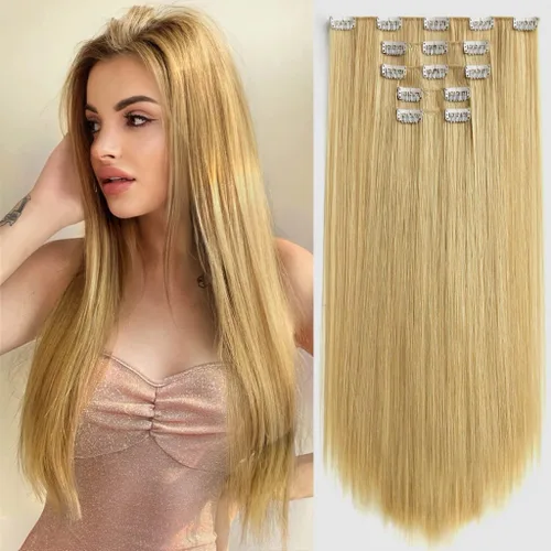 Vista 18 de Extensiones de cabello sintético con clip, color burdeos de 18 pulgadas de largo, invisibles, gruesas, extensiones de cabello lacio con clips, 5