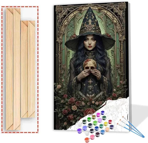 Vista 16 de Tucocoo Pintura de bruja por números para adultos y niños, rosas rojas, pintura en lienzo por números, pintura acrílica, manualidades, decoración