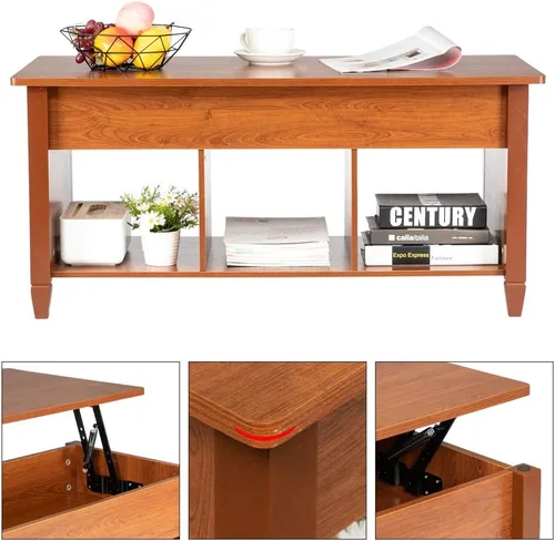 Vista 3 de VINGLI Farmhouse Lift Top Coffee Table,41" Living Room Table,Chestnut Brown Solid Wood Legs, Hidden Storage, 3 Open Shelves, Lifting Tabletop, for