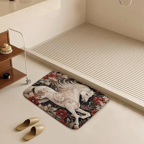 Vista 5 de Alfombra de baño de flores de caballo blanco, regalos de caballo para niñas, alfombra de baño de terciopelo antideslizante, tapete de ducha de felpa