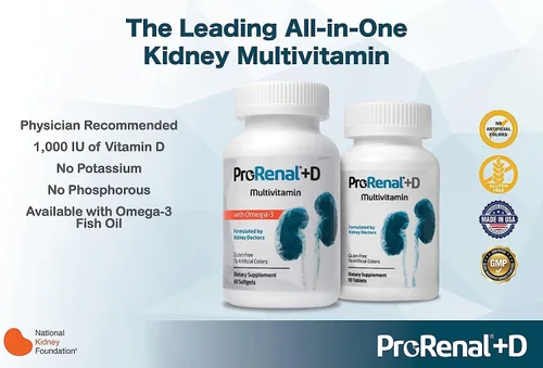 Vista 4 de ProRenal+D con aceite de pescado Omega-3 Multivitamínico para riñón 60 cápsulas blandas, suministro para 30 días